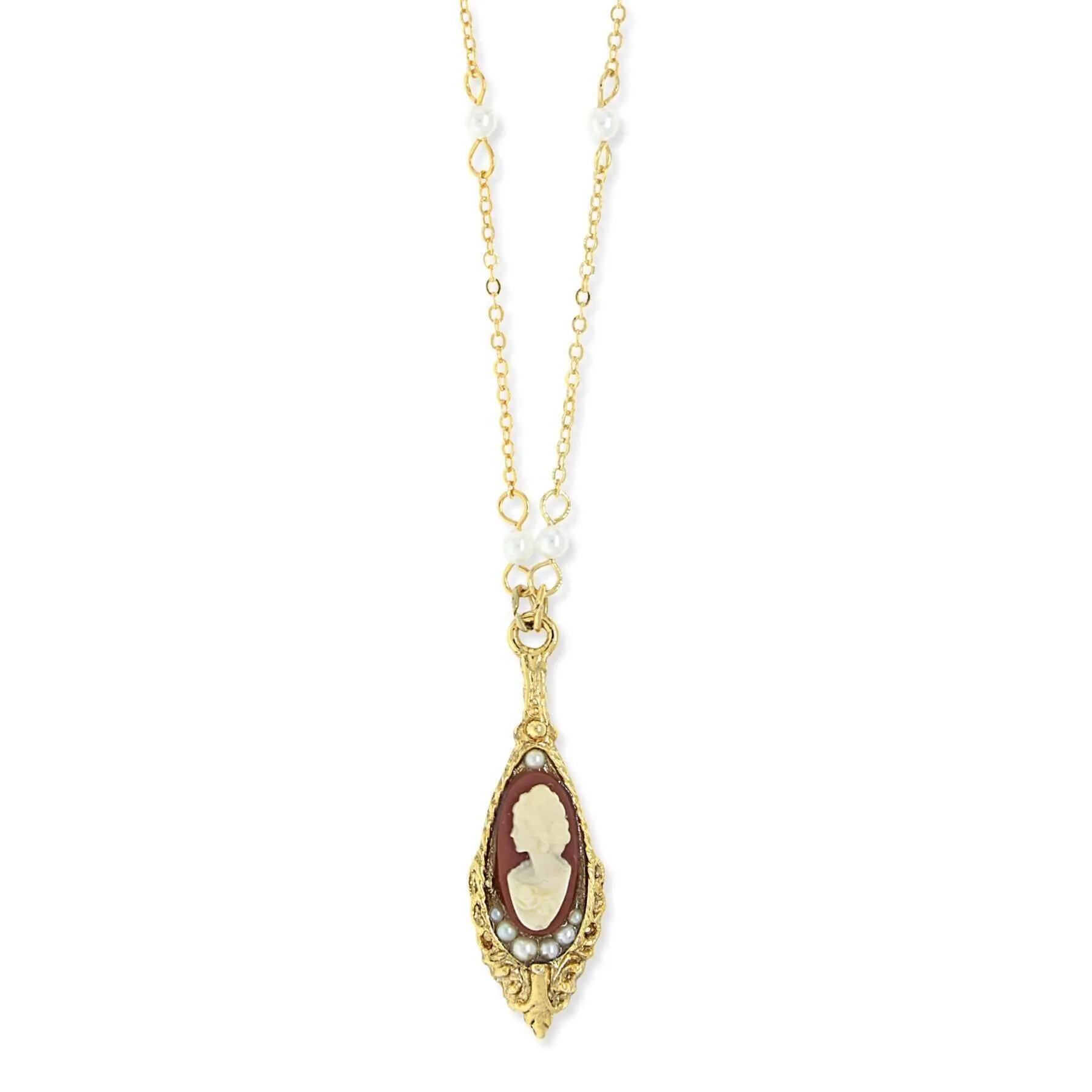 1928 Jewelry Monarchy Cameo Faux Pearl Bead Drop Pendant Necklace