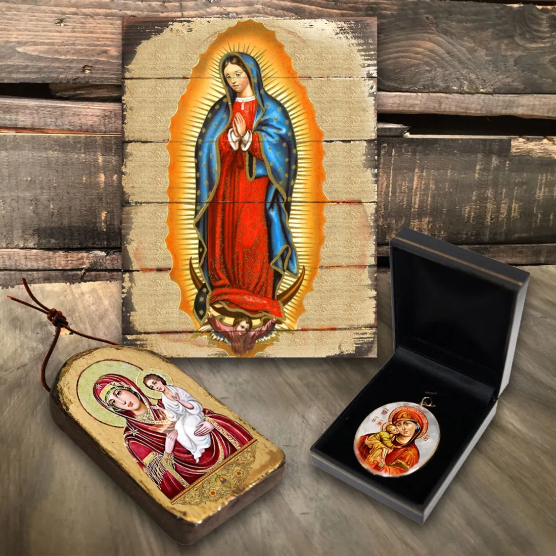 Blessed Virgin Mary Lifegiving Religious Jewelry Silver Plated Necklace, Gold-Plated Wooden Cabochon - Christian Icon - Inspirational Icon Decor - 43017R