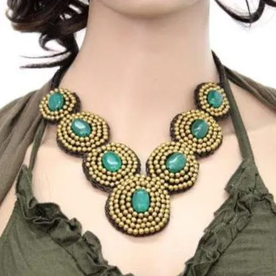 BUNDLE: 4 Piece Brass Bead Necklace Green Stones