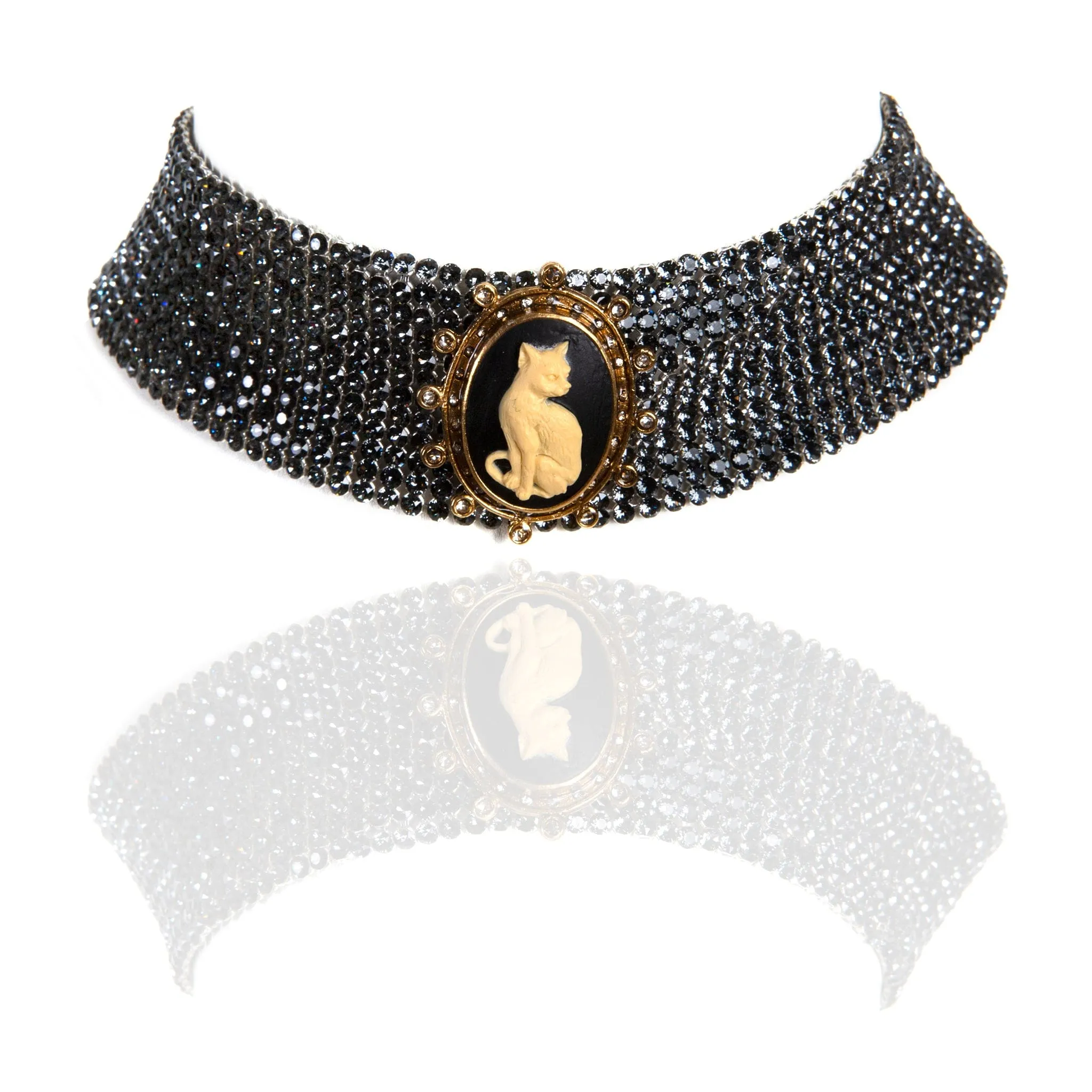 Cat Cameo Crystal Mesh Choker - Silver Night